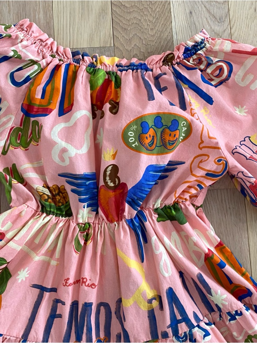 Farm Rio Puff Sleeve Juice Print Mini Dress Fruits Vegetables - Picture 10 of 11